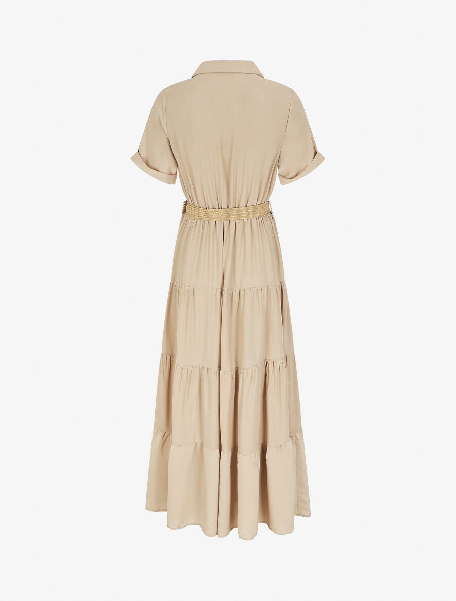 Robe longue unie à col tunisien - Beige - 2