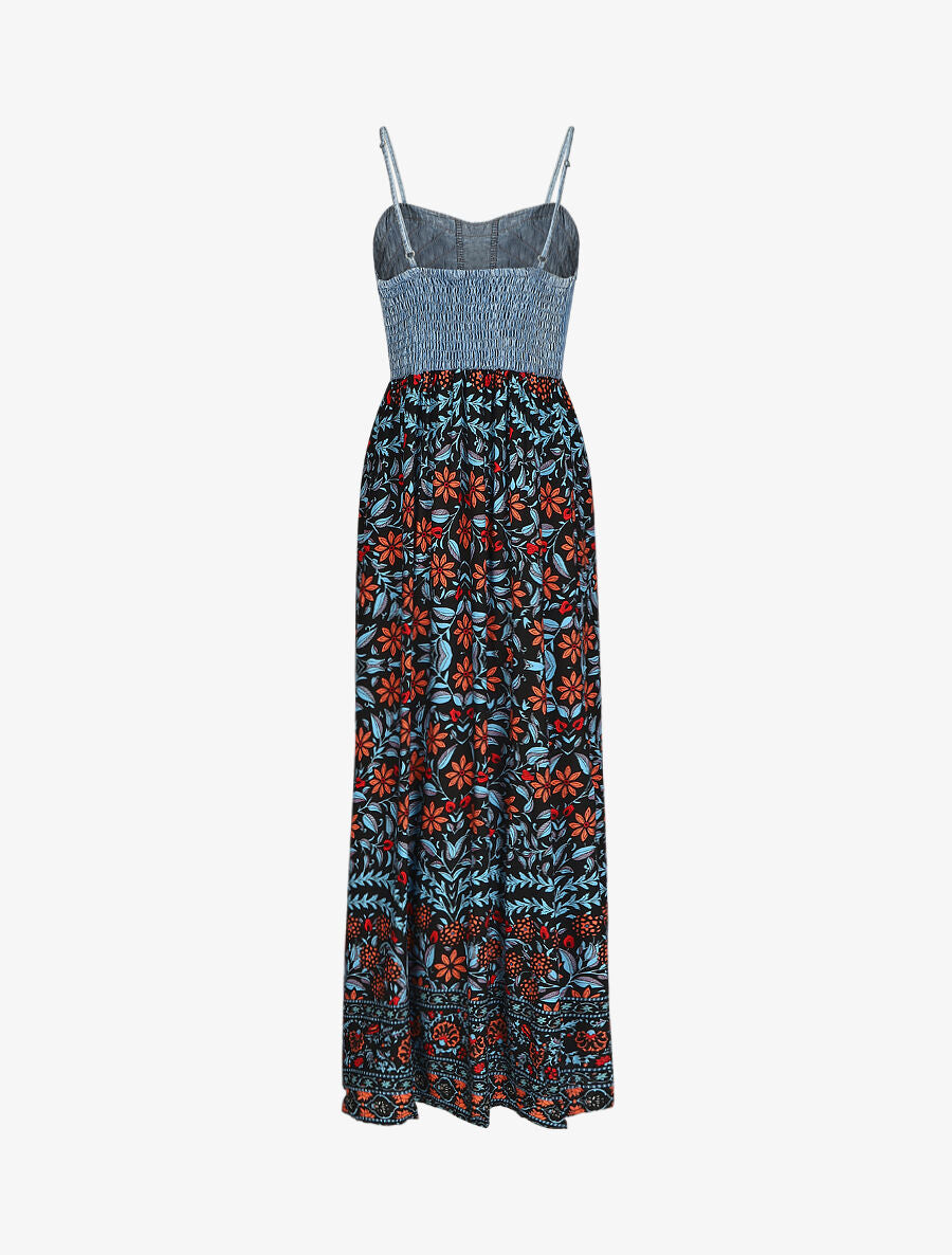 Robe longue bi-matière imprimé fleuri - Marine - 2