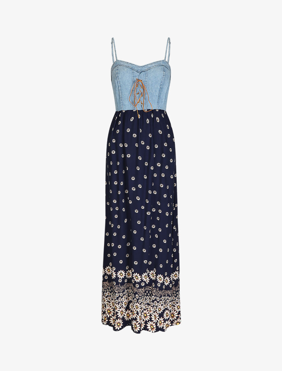 Robe longue bi-matière imprimé marguerites - Marine - 5