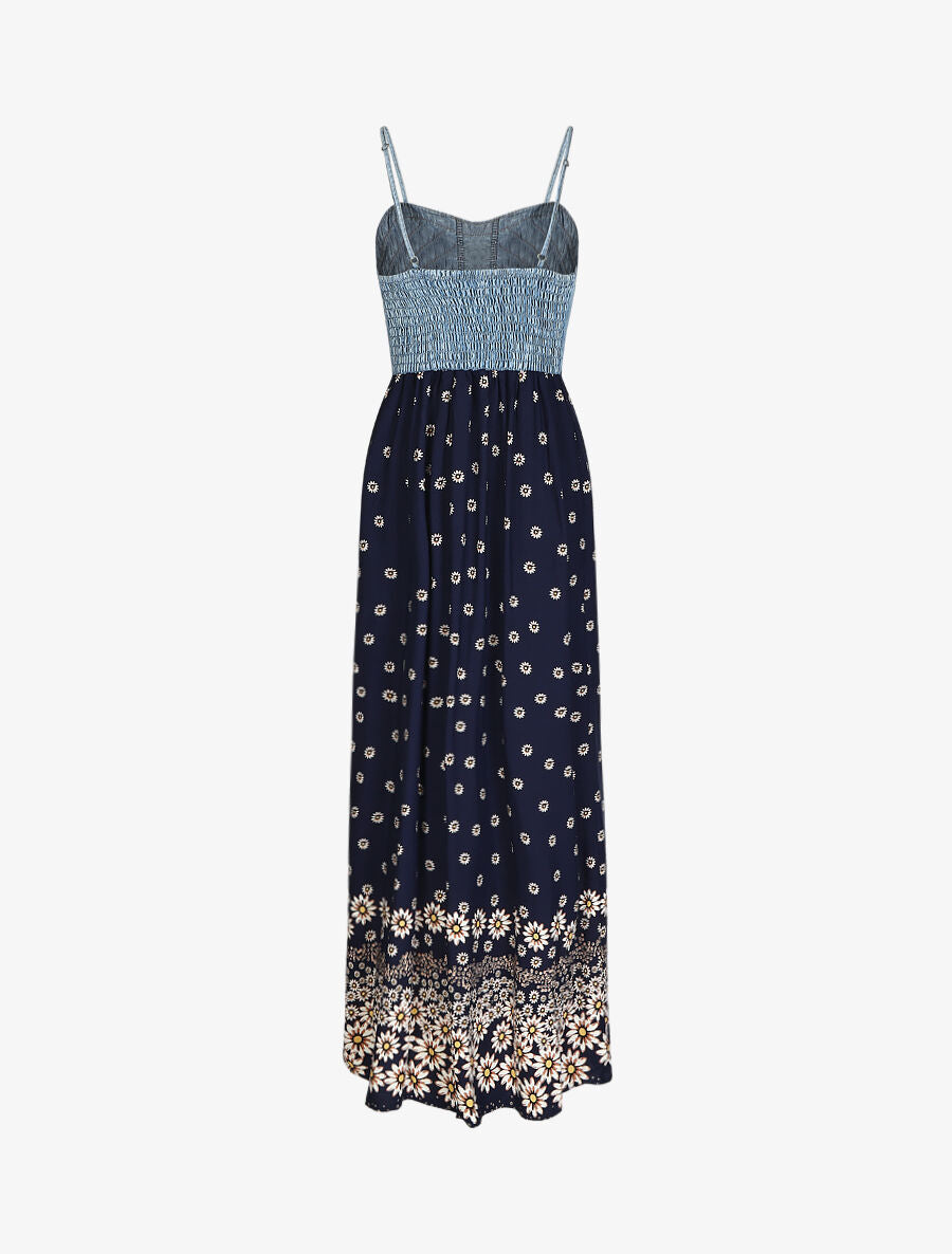 Robe longue bi-matière imprimé marguerites - Marine - 2