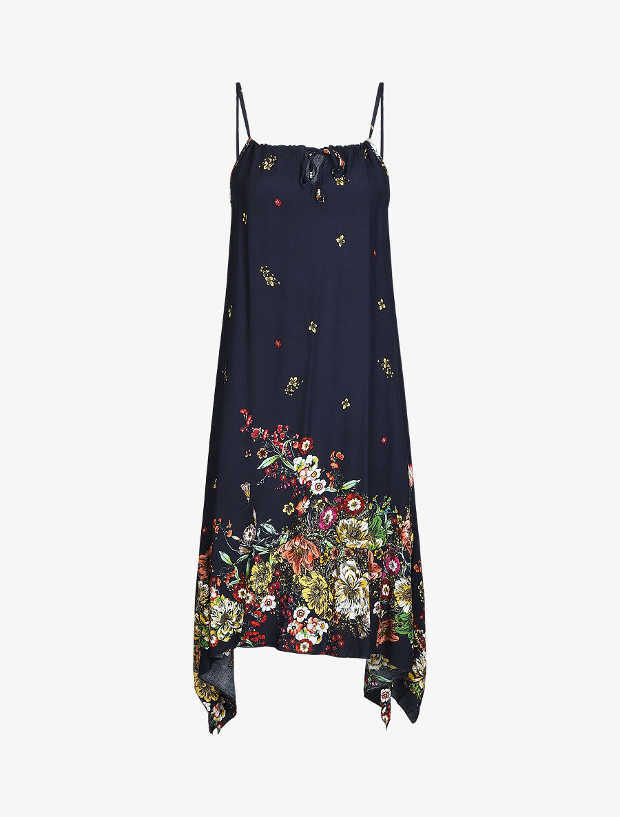Robe imprimé floral à fines bretelles - Marine - 5