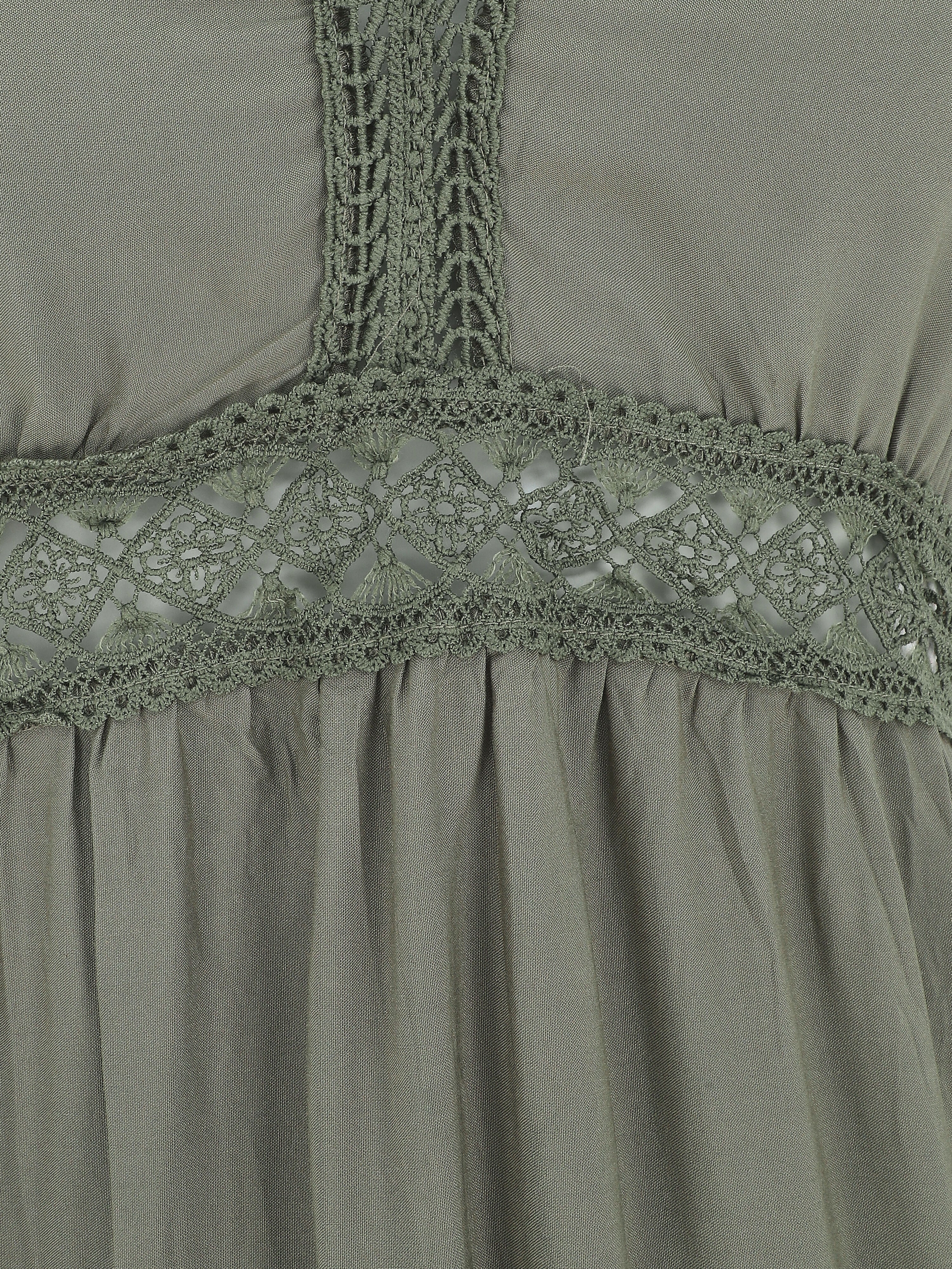 Robe longue unie à dentelle ajourée - Kaki - 3