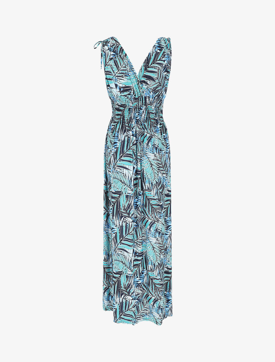 Robe longue élastiquée imprimé feuilles tropicales - Bleu canard - 2