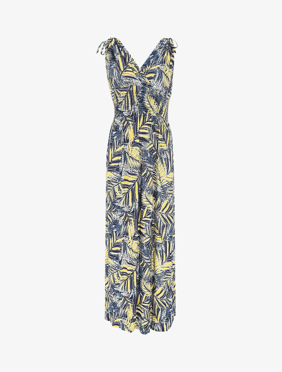 Robe longue élastiquée imprimé feuilles tropicales - Jaune - 5