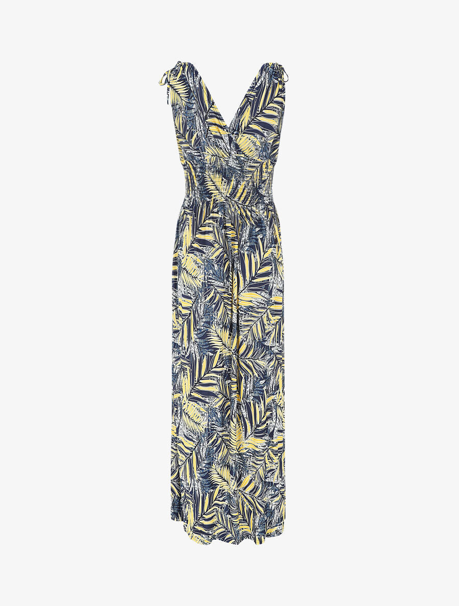Robe longue élastiquée imprimé feuilles tropicales - Jaune - 2