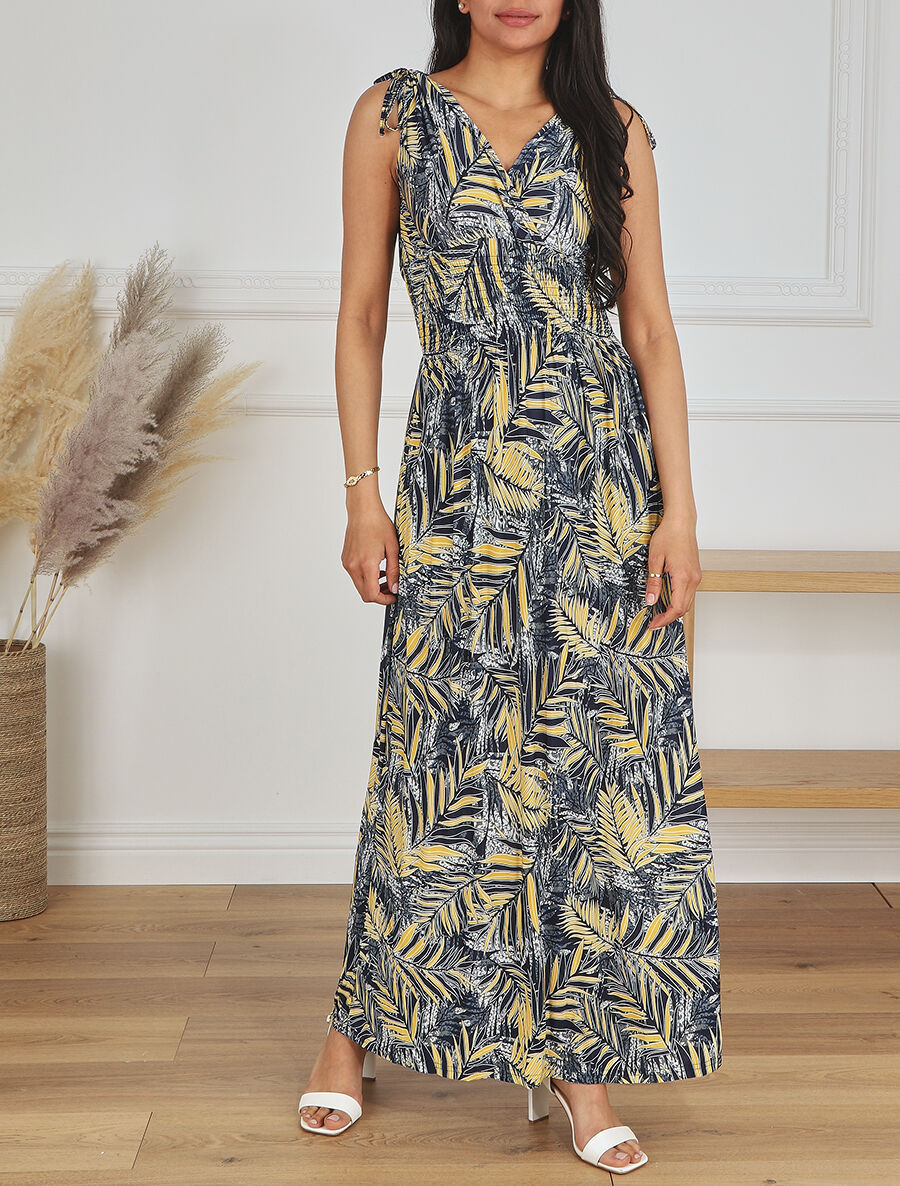Robe longue élastiquée imprimé feuilles tropicales - Jaune - 4