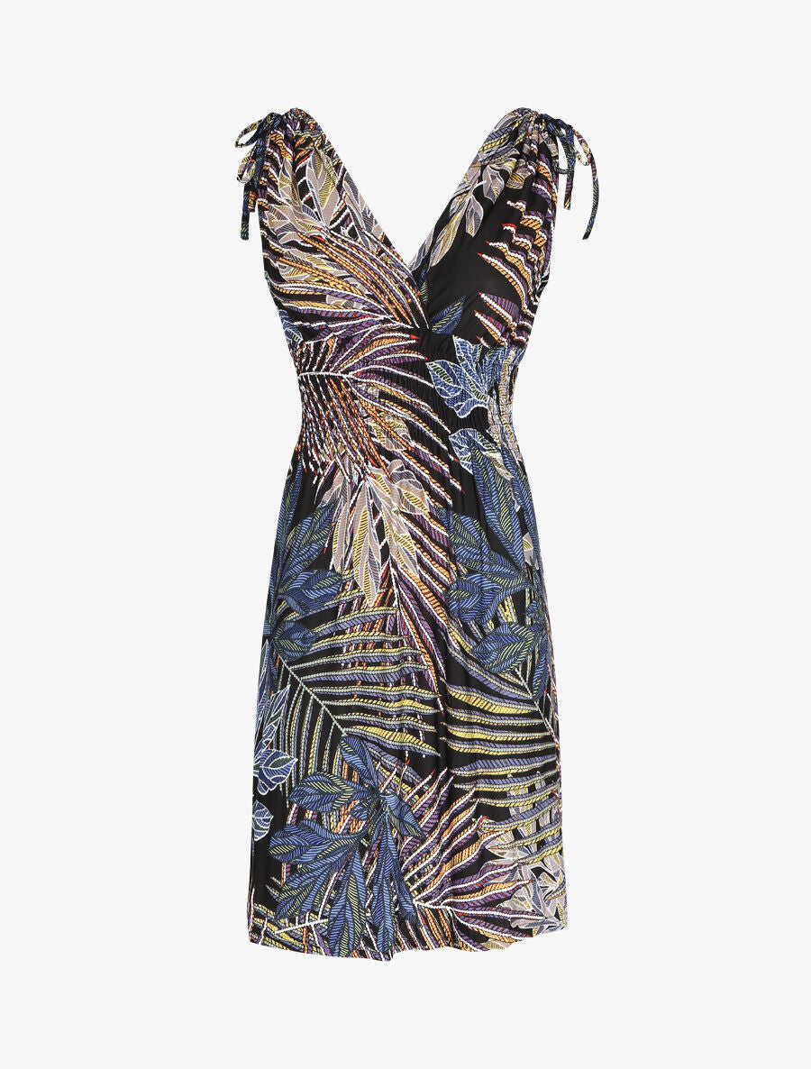 Robe mi-longue élastiquée imprimé feuilles exotiques - Noir - 1