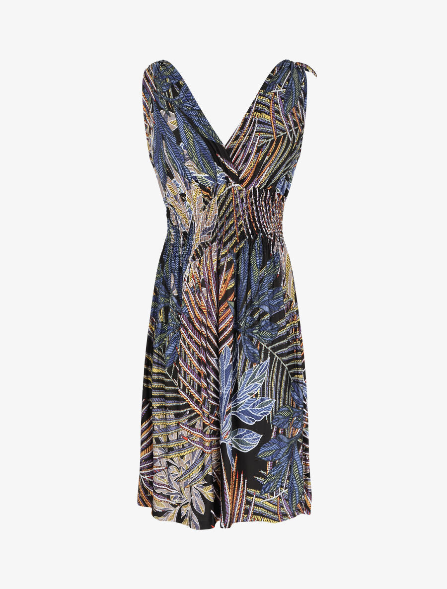 Robe mi-longue élastiquée imprimé feuilles exotiques - Noir - 2