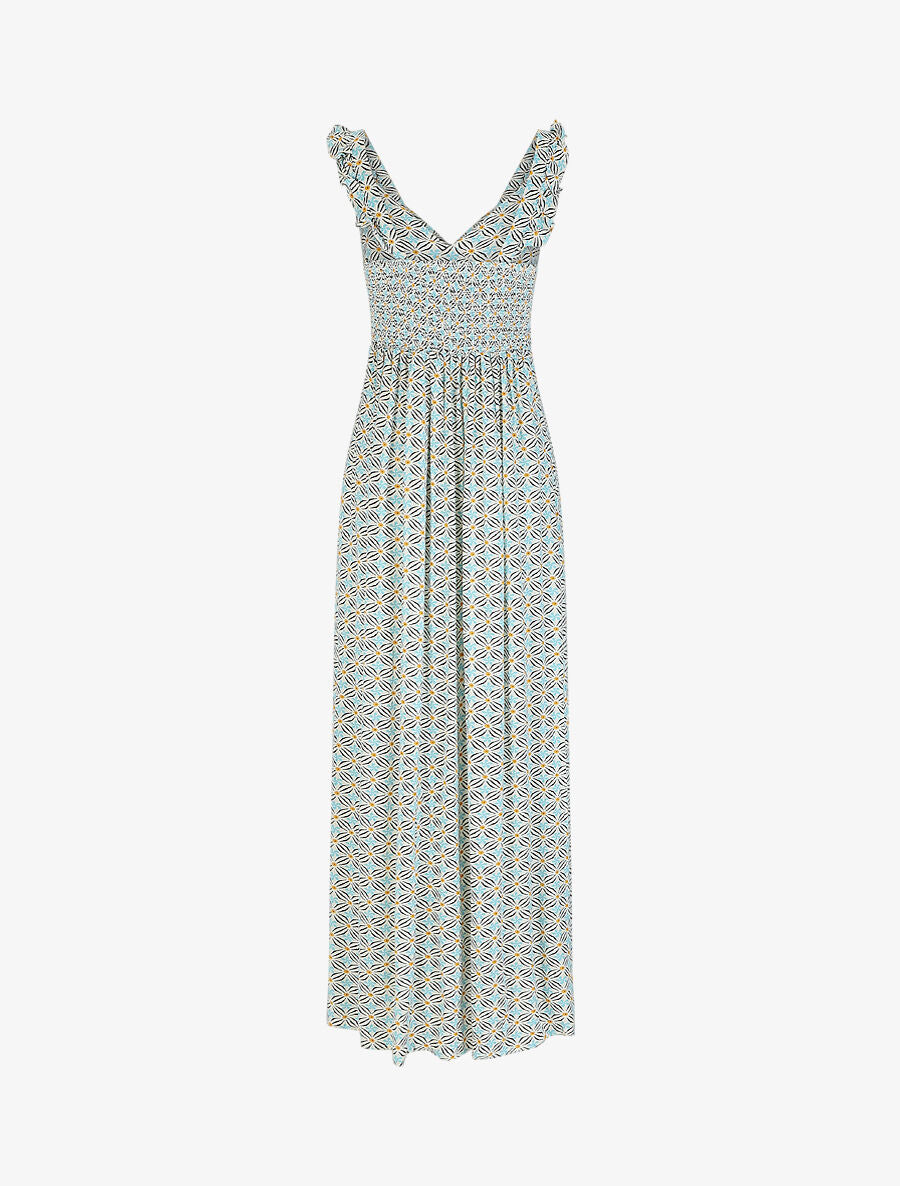 Robe longue évasée impimé fleurs graphiques - Bleu ciel - 3