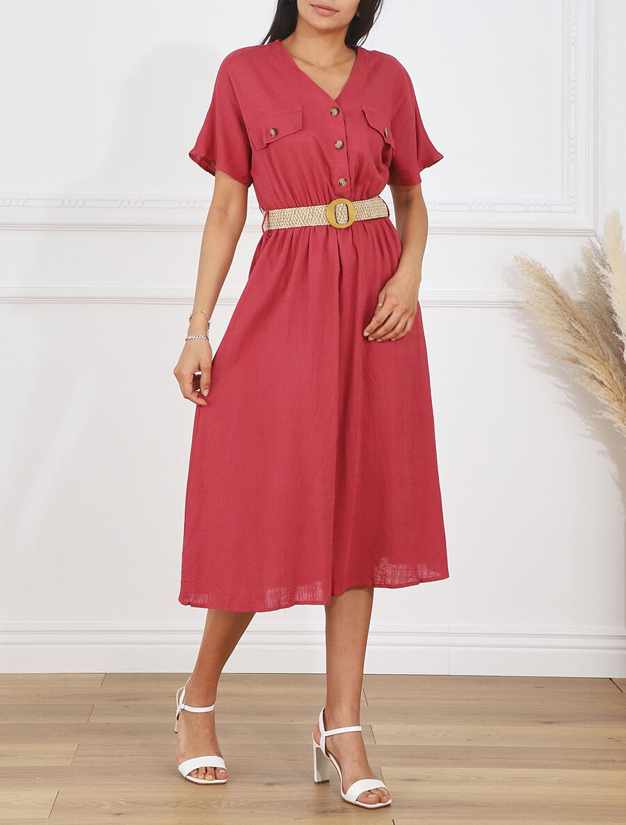 Robe longue uni manches courtes - Framboise - 4