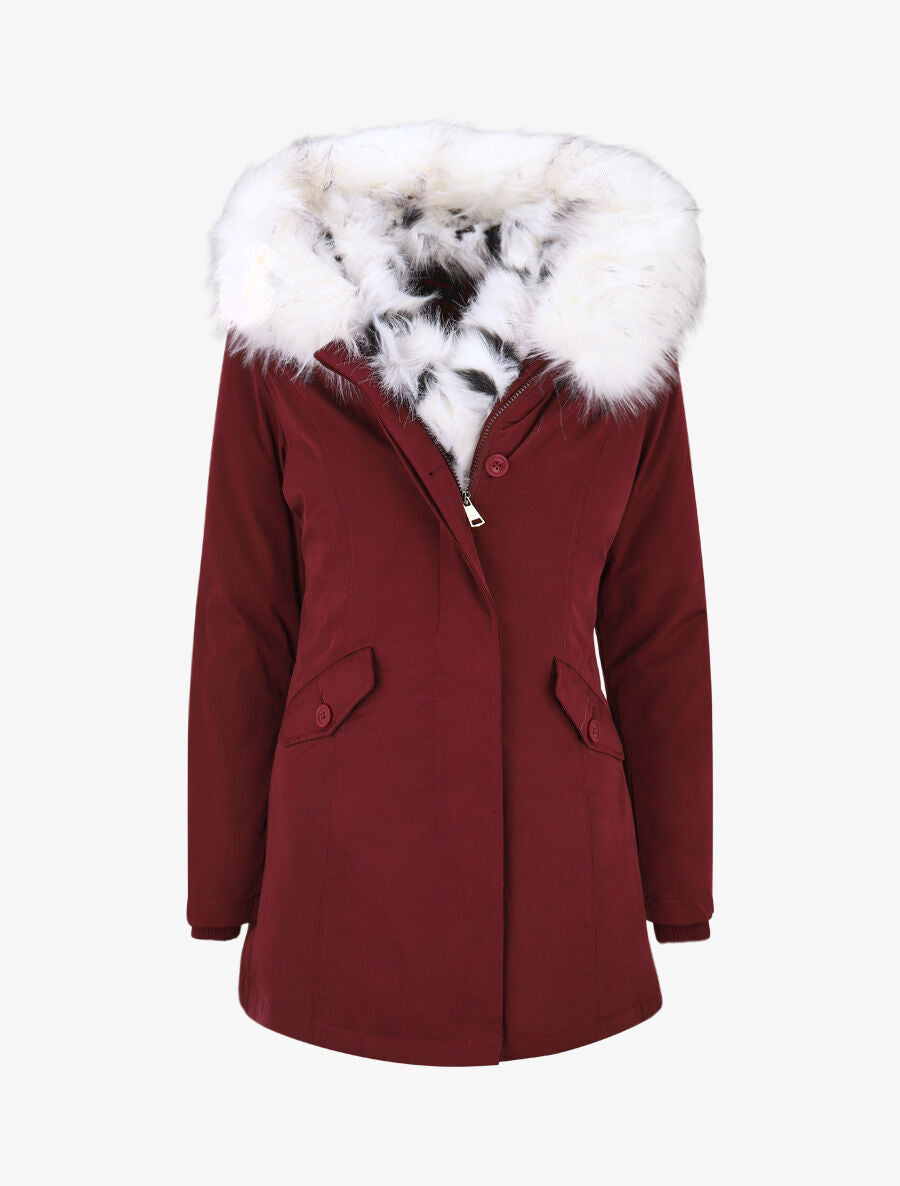 Parka longue à fourrure synthétique amovible - Bordeaux/blanc - 1