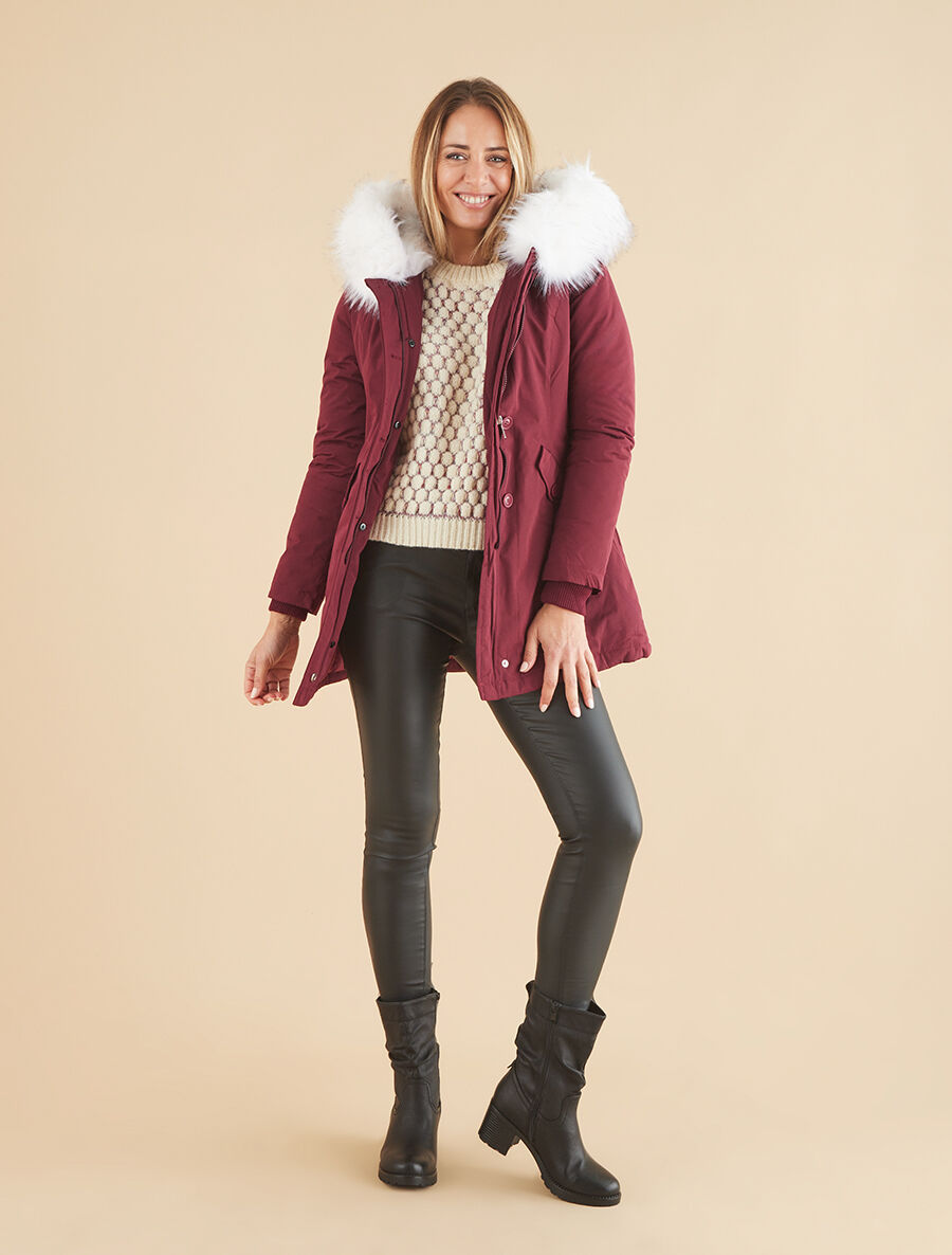 Parka longue à fourrure synthétique amovible - Bordeaux/blanc - 6