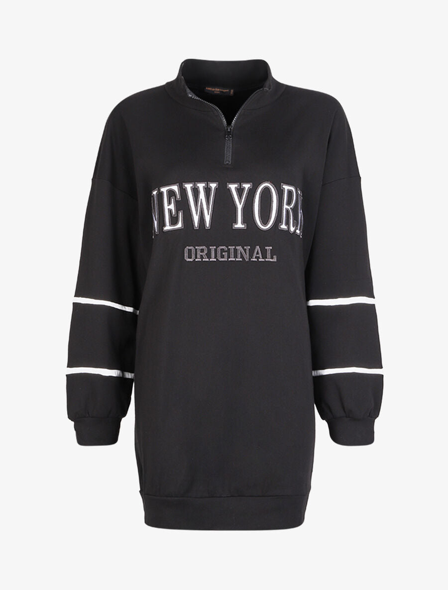 Robe sweat oversize à col zippé - Noir - 3