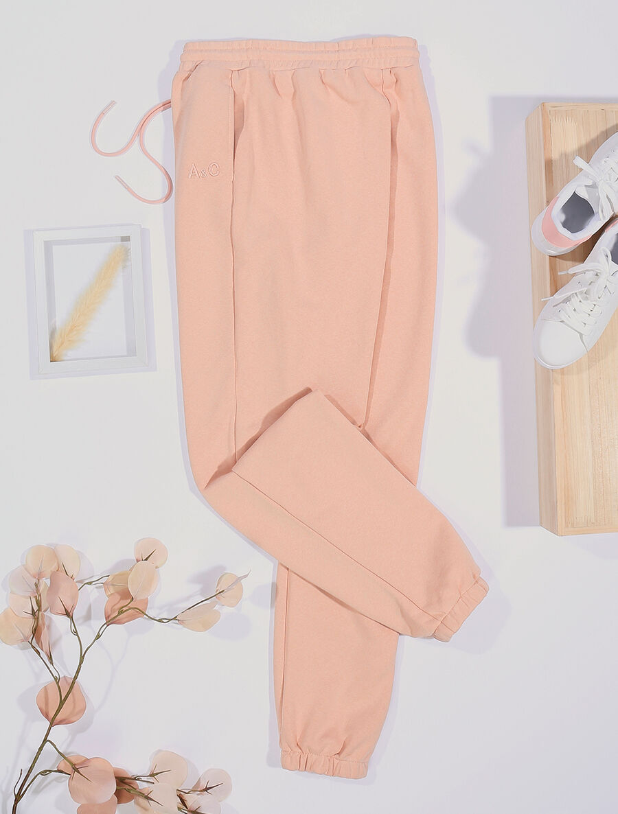 Jogging uni à broderie - Rose poudré - 1