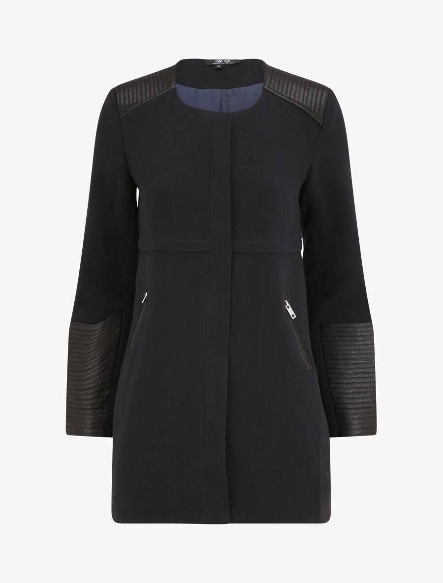 Manteau droit à empiècements en simili matelassé - Marine - 1