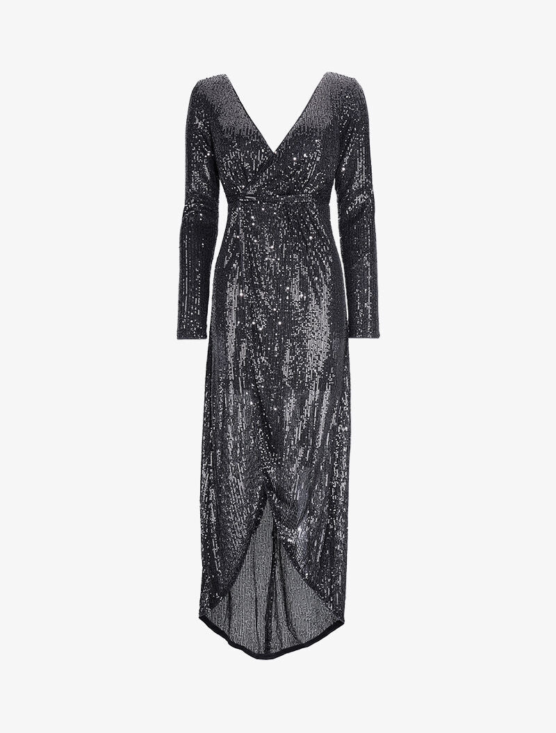 Robe longue à sequins à bords asymétriques - Noir - 4