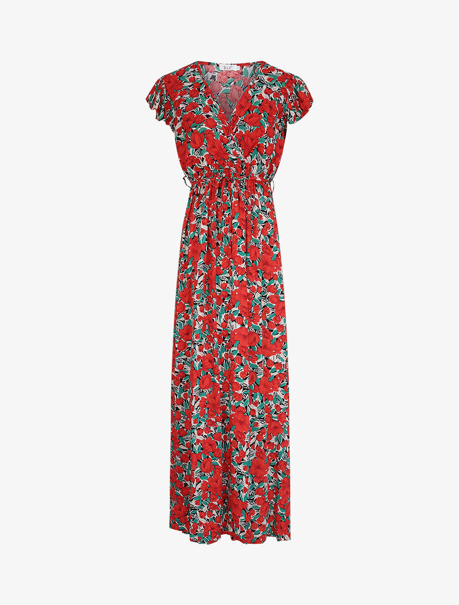 Robe longue empire à mancherons imprimé tulipes - Rouge - 3