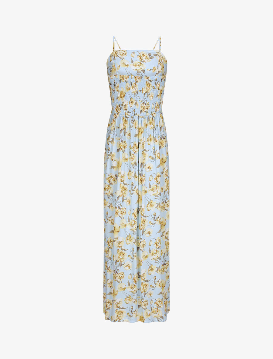 Robe longue empire fendue à imprimé roses - Bleu ciel - 2