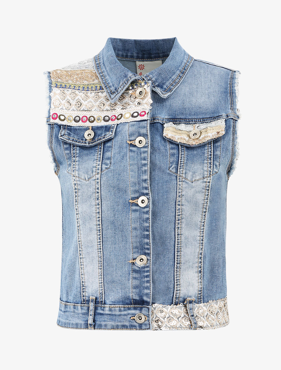 Veste en jean sans manches ornée de sequins et de perles - Bleu denim - 5