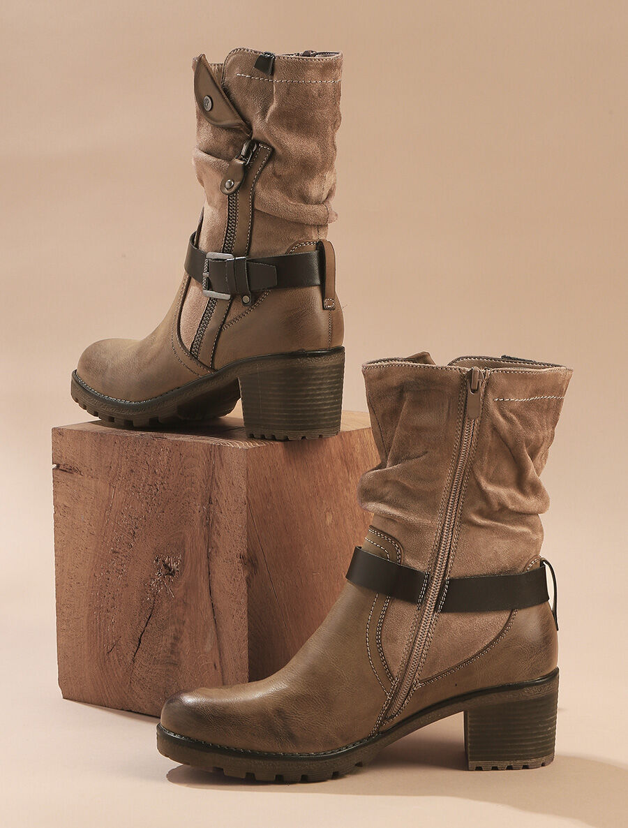 Bottines montantes bi-matière à zip - Taupe - 5