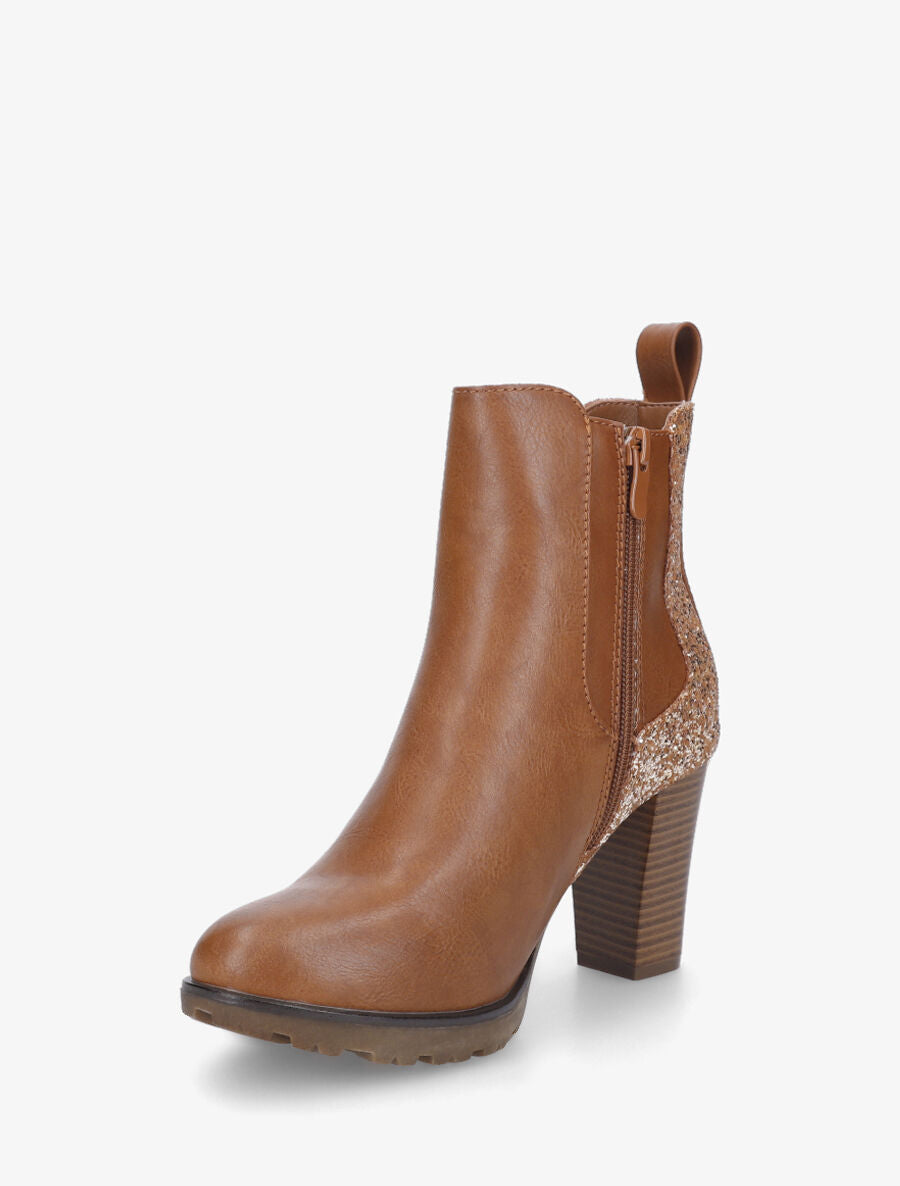 Bottines en simili à contrefort pailleté - Camel - 3