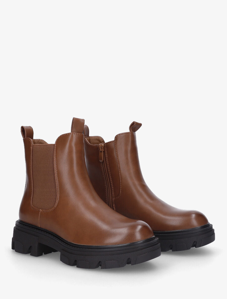 Bottines en simili et semelle crantée - Camel - 5