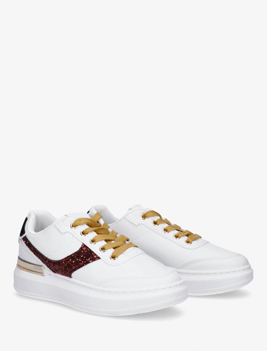 Sneakers à bandes ornées de sequins et lacets colorés - Rouge - 4