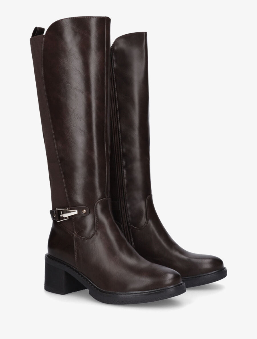 Bottes élastiquées unies à talon - Marron - 4