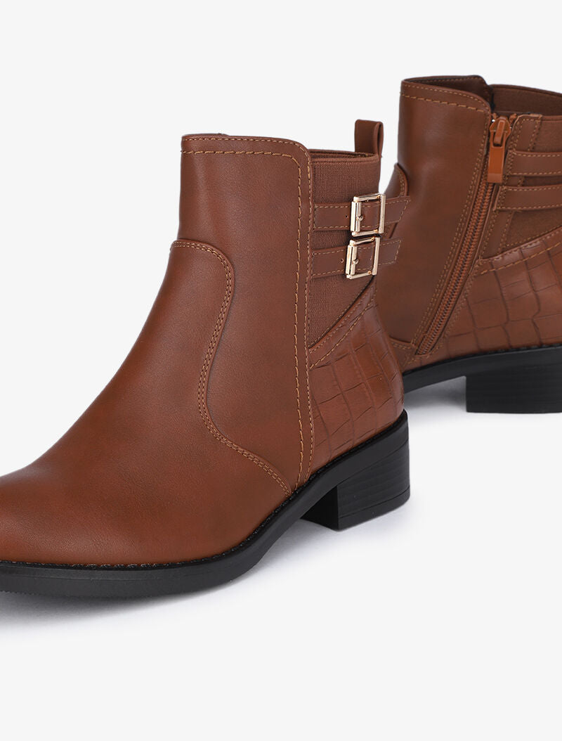 Bottines à sangles et imprimé croco - Camel - 1