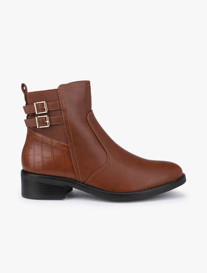 Bottines à sangles et imprimé croco - Camel - 2