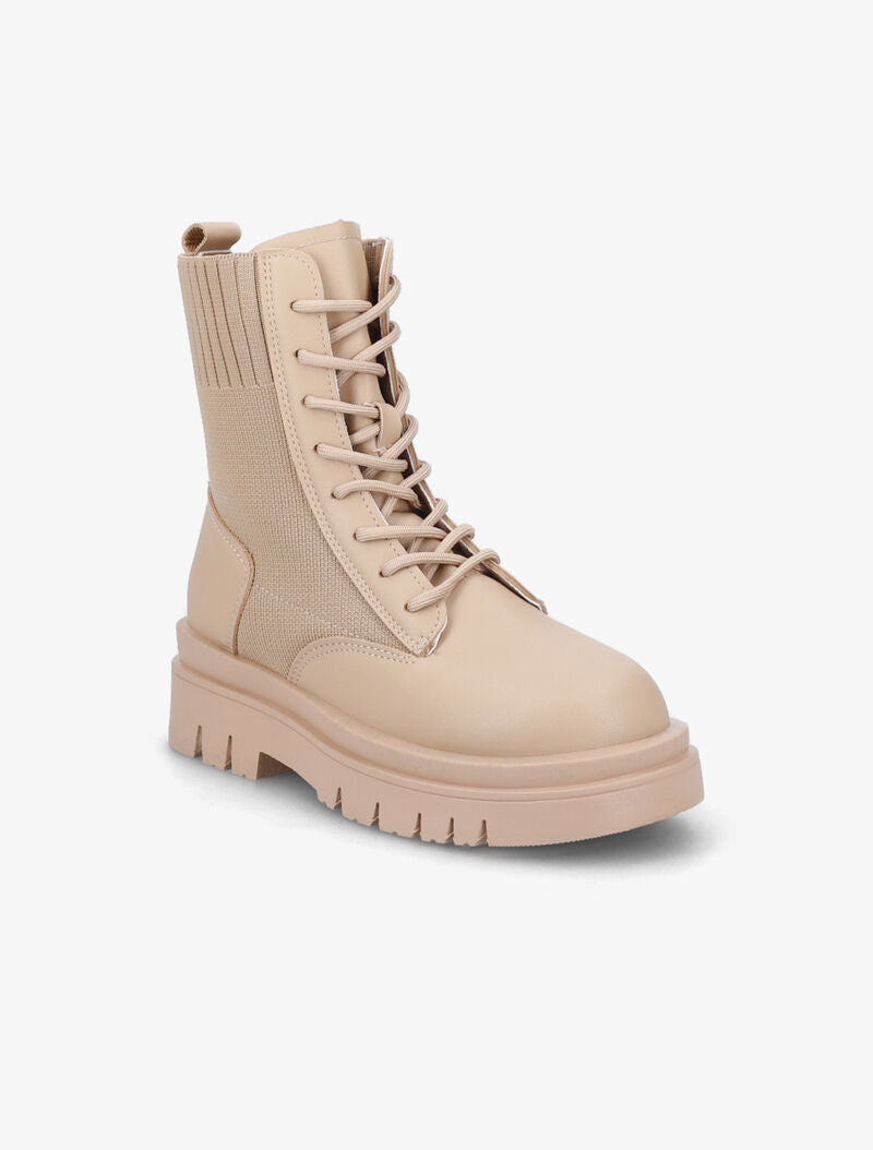 Bottines à lacets en simili et tissu - Taupe - 3
