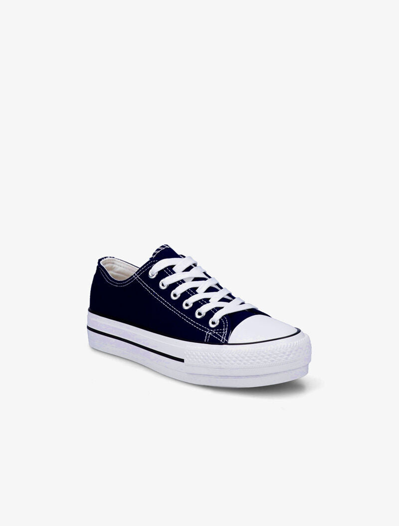 Tennis basses en toile à semelles compensées - Bleu marine - 3