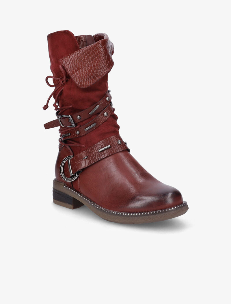 Bottes bi-matière à brides à boucle cloutées effet croco - Bordeaux - 3