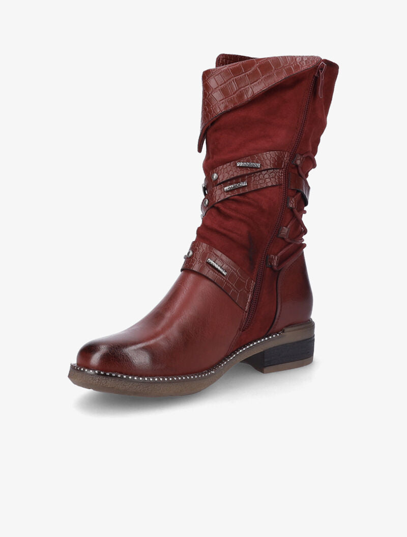 Bottes bi-matière à brides à boucle cloutées effet croco - Bordeaux - 4