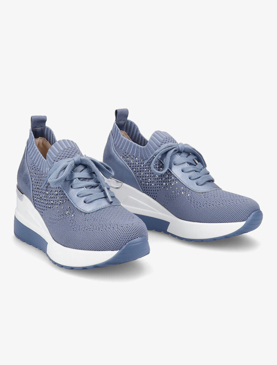 Baskets compensées à lacets et détail strass - Bleu gris - 4