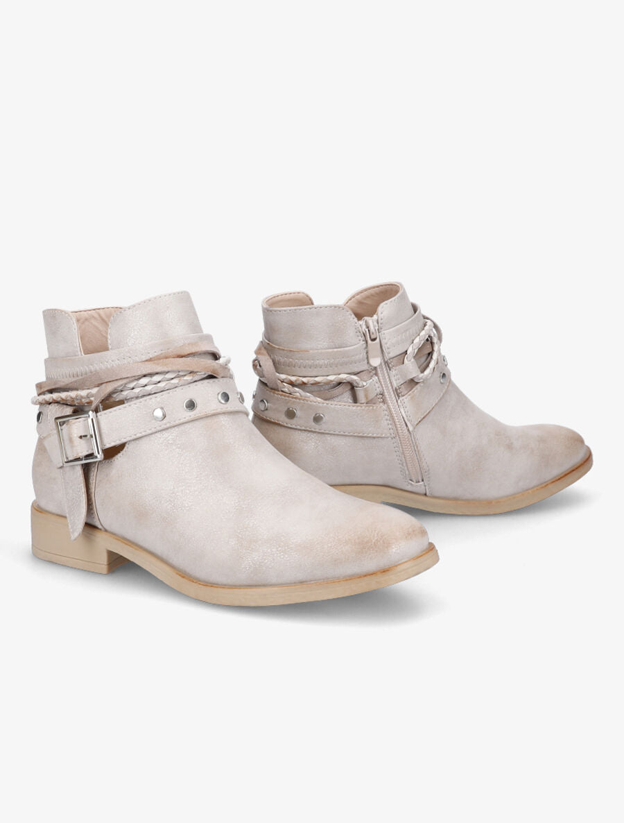 Bottines à lanières cloutées et liens - Beige/doré - 4