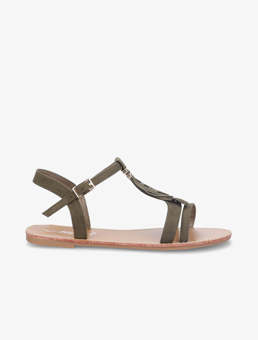 Nu-pieds frangés à boucle dorée - Kaki - 5
