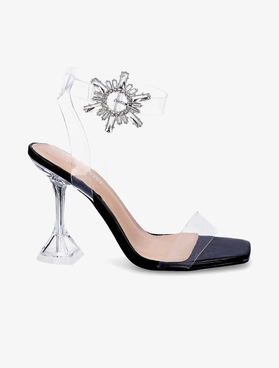 Sandales transparentes à détail bijou à strass - Noir - 1