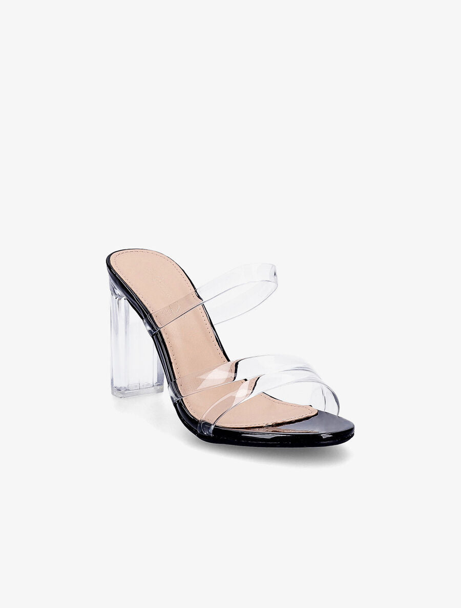 Mules à triple ganses et talons transparents - Noir - 2