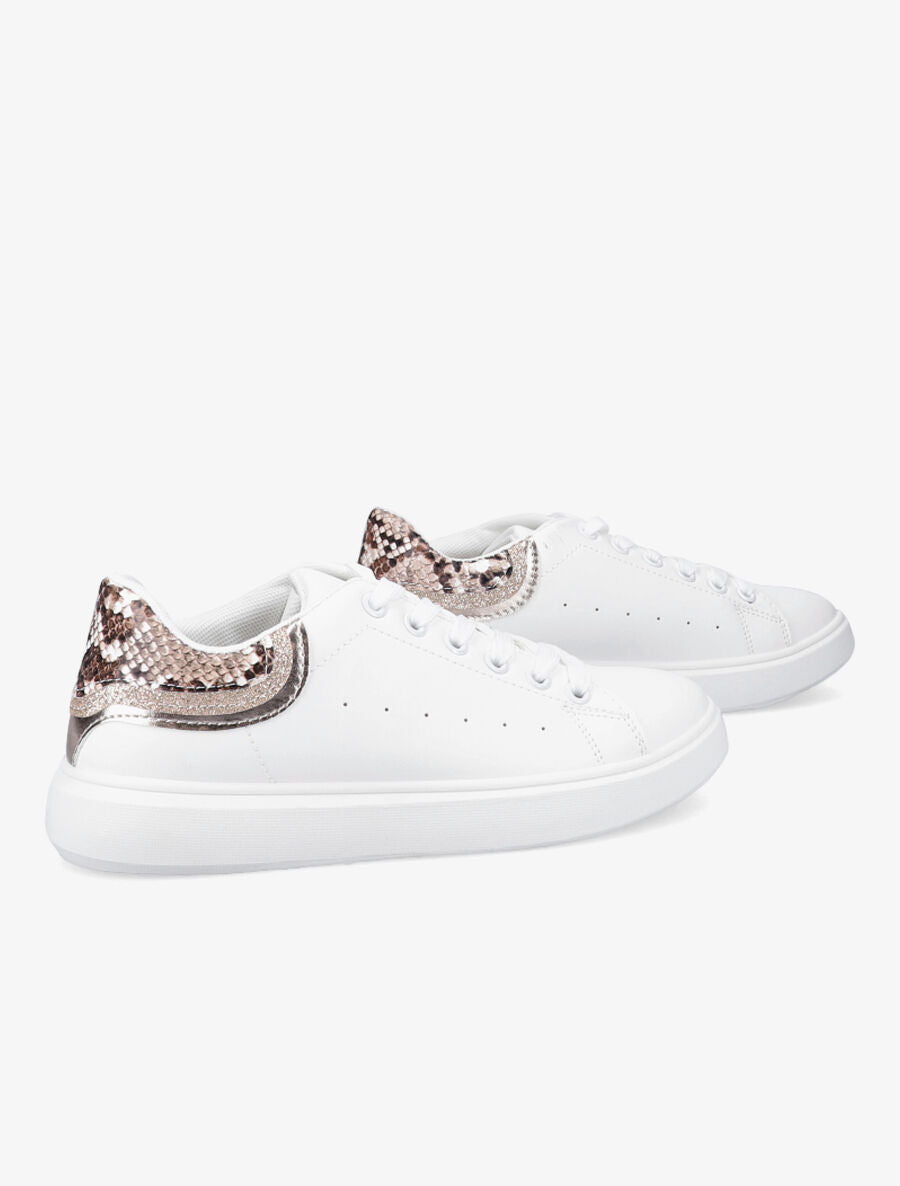 Sneakers à contrefort pailleté et imprimé python - Blanc/beige - 4