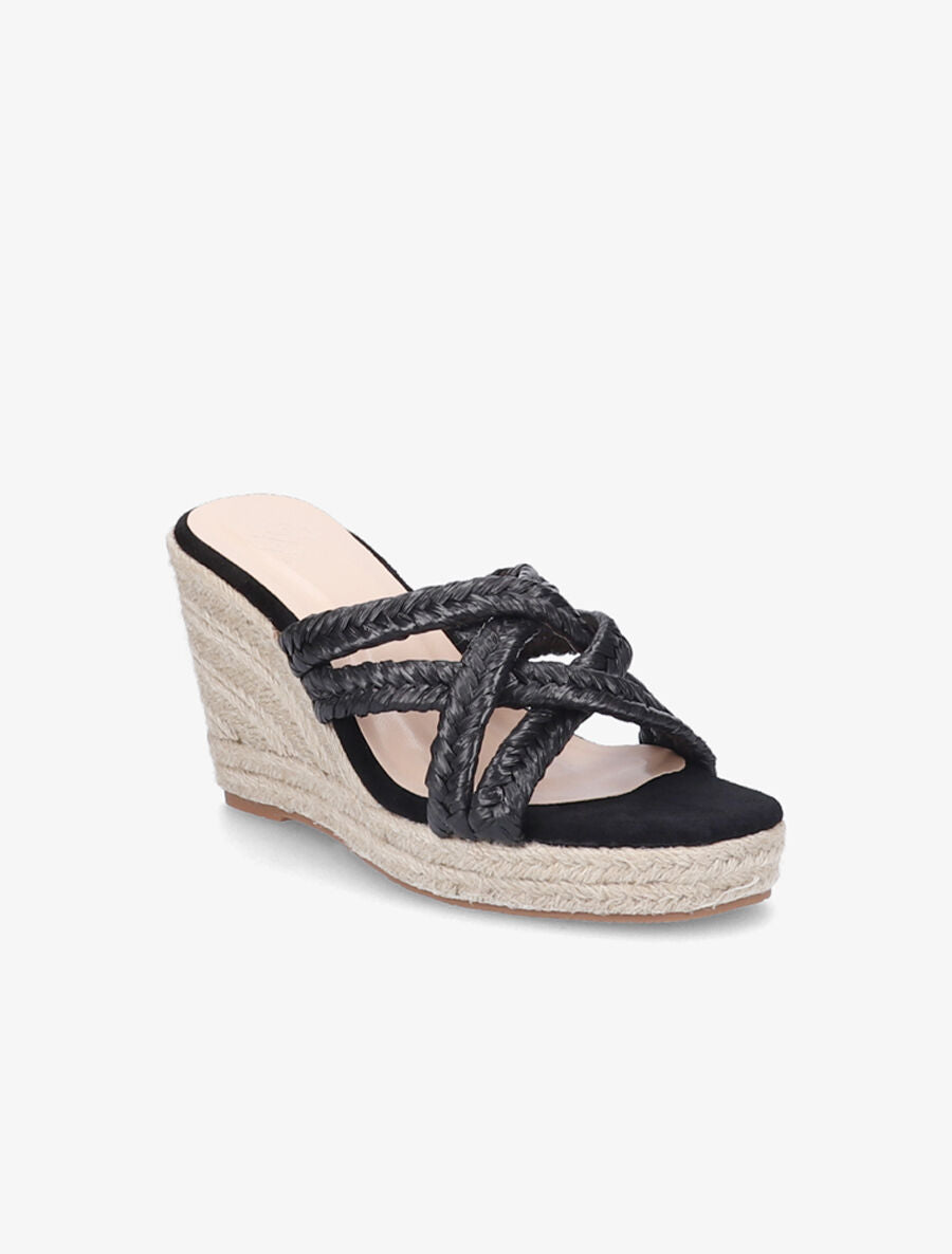 Mules à talons compensés en raphia - Noir - 2