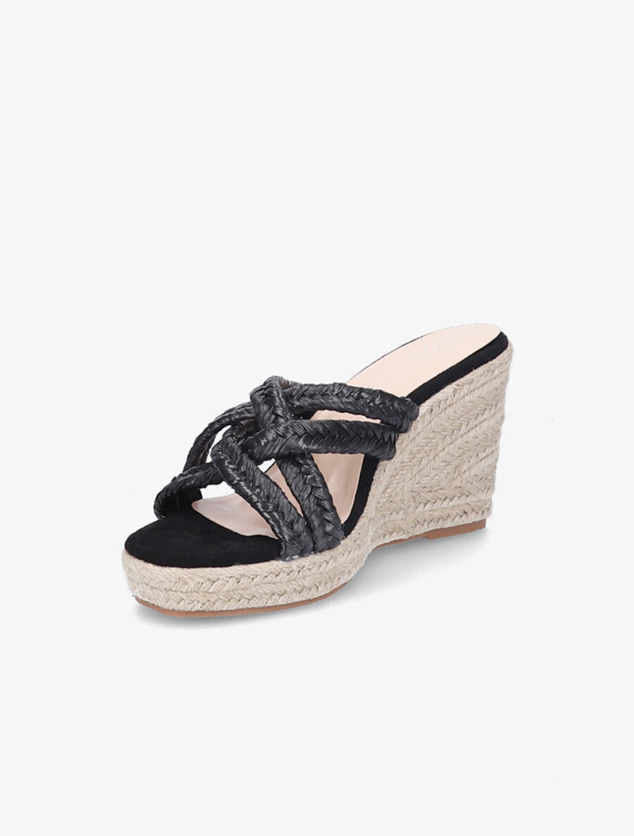 Mules à talons compensés en raphia - Noir - 3