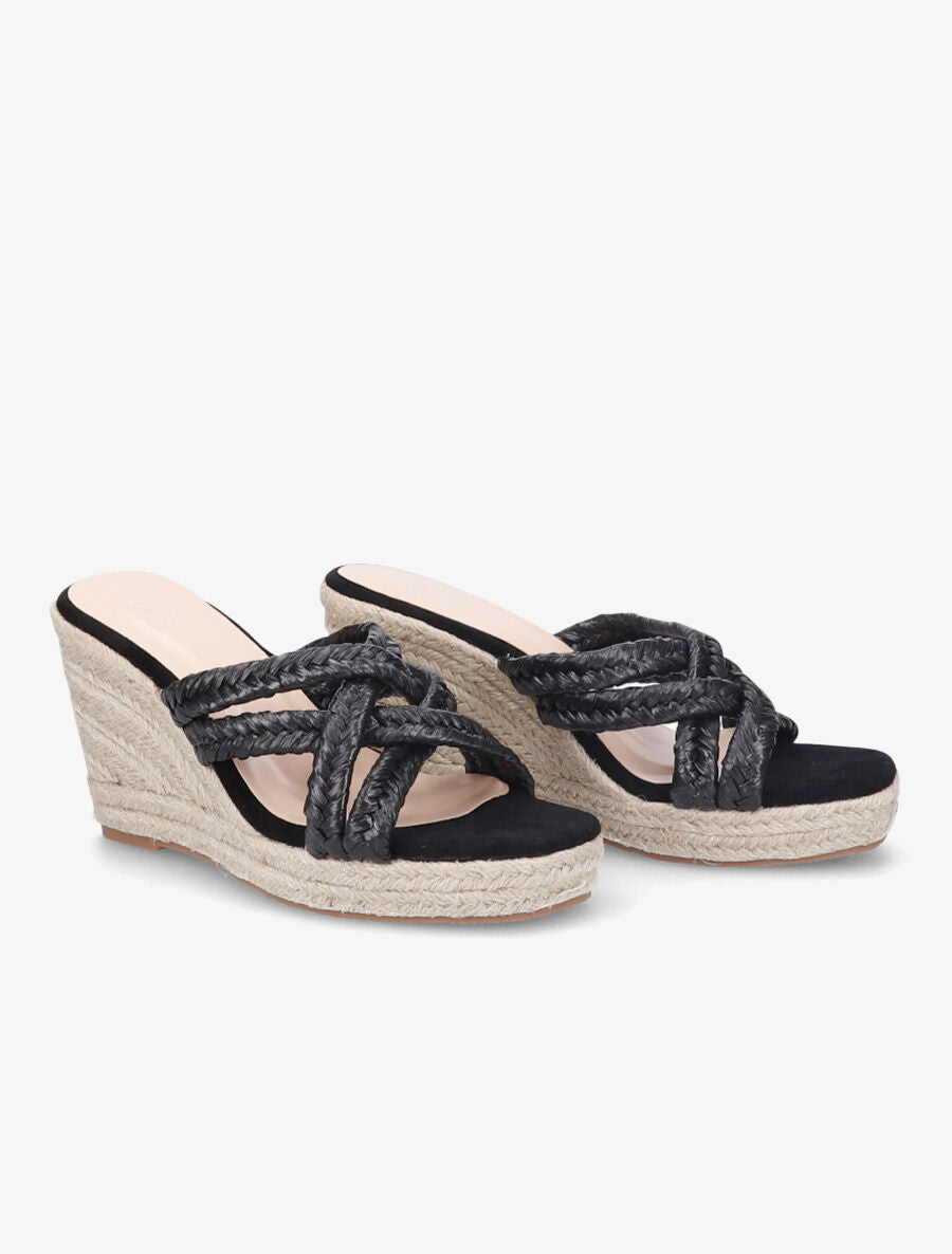 Mules à talons compensés en raphia - Noir - 4