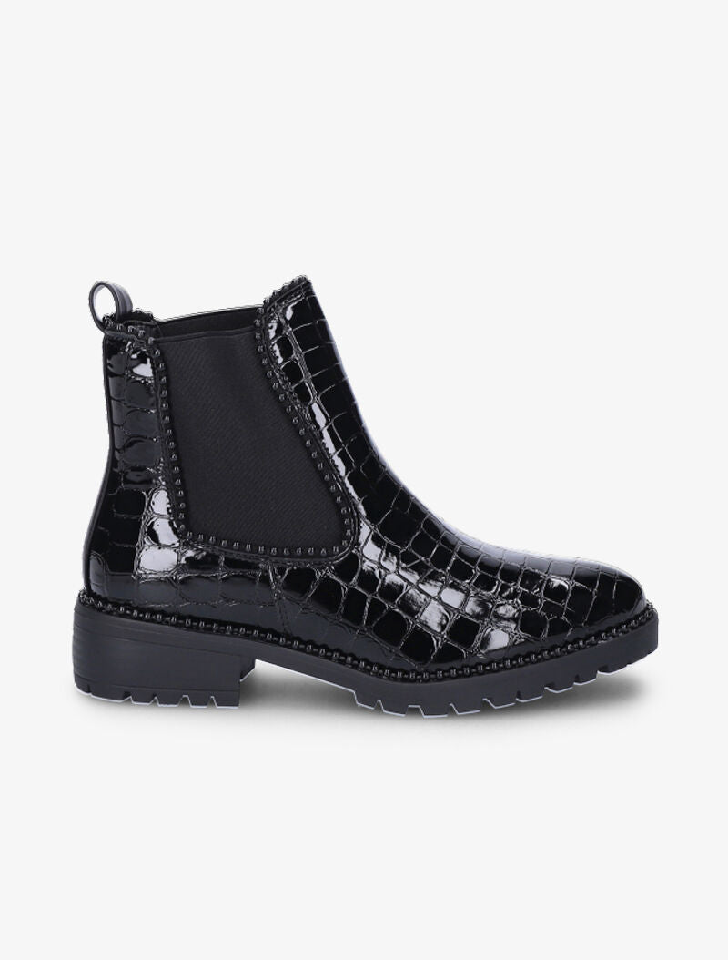 Boots effet croco vernis et détail billes noires - Noir - 2