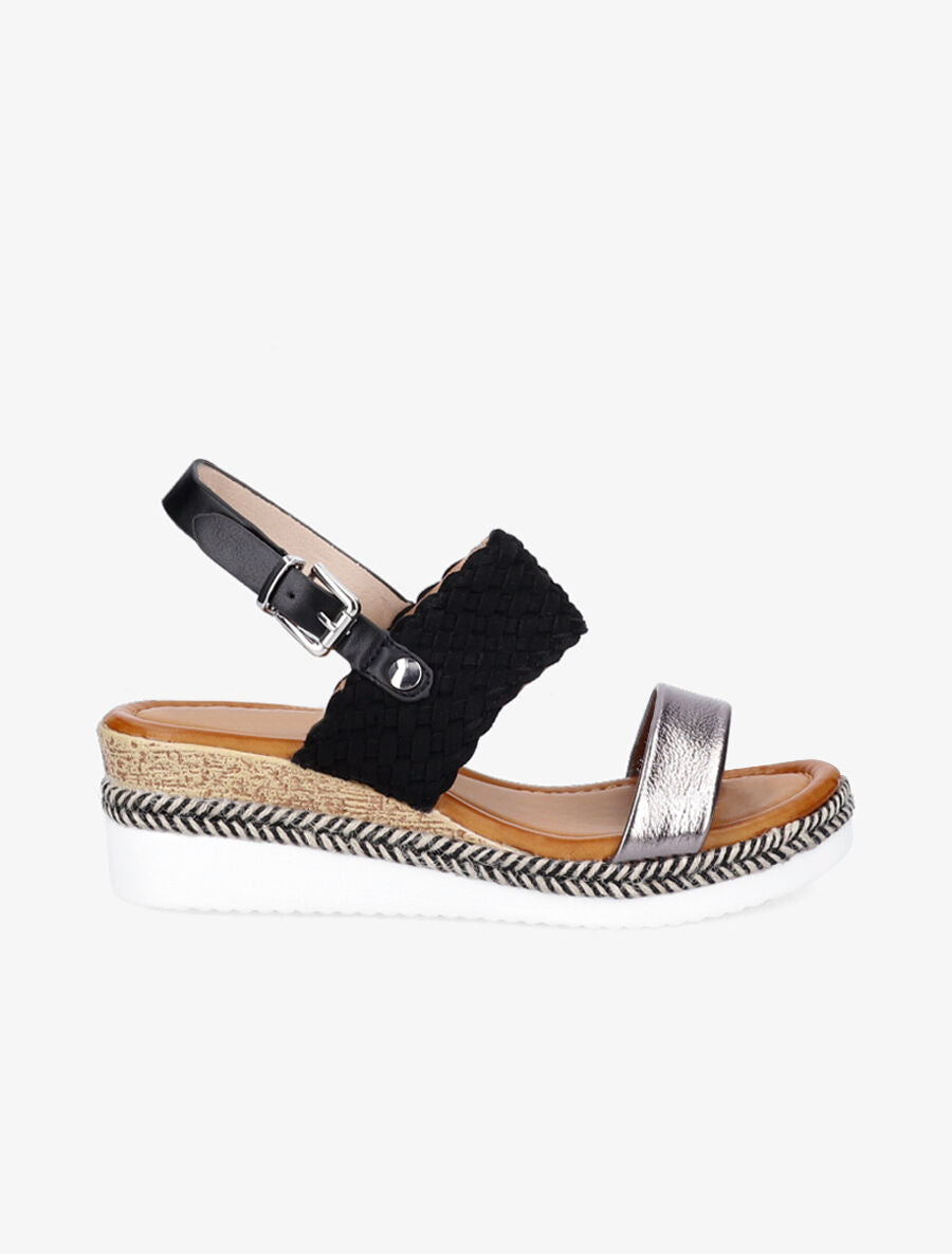 Sandales compensées à bride style osier et irisé - Noir - 5