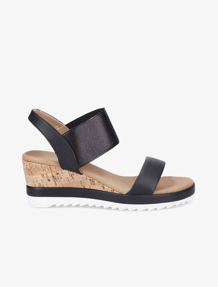 Sandales compensées élastiquées et semelles effet liège - Noir - 5