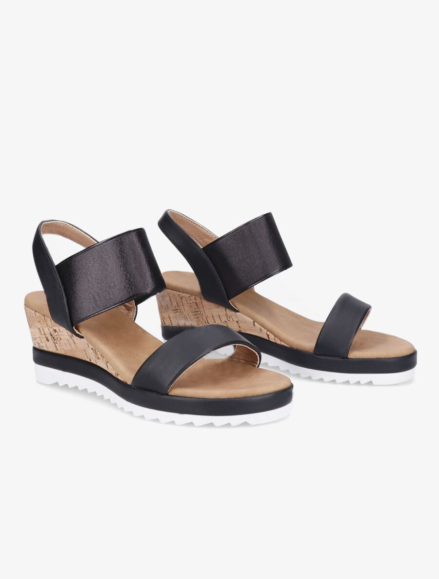 Sandales compensées élastiquées et semelles effet liège - Noir - 4
