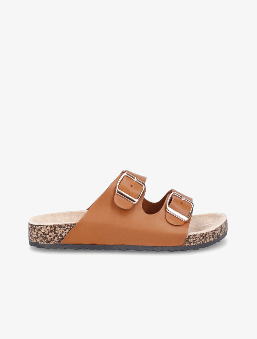 Claquettes en simili à double brides à boucle - Camel - 1