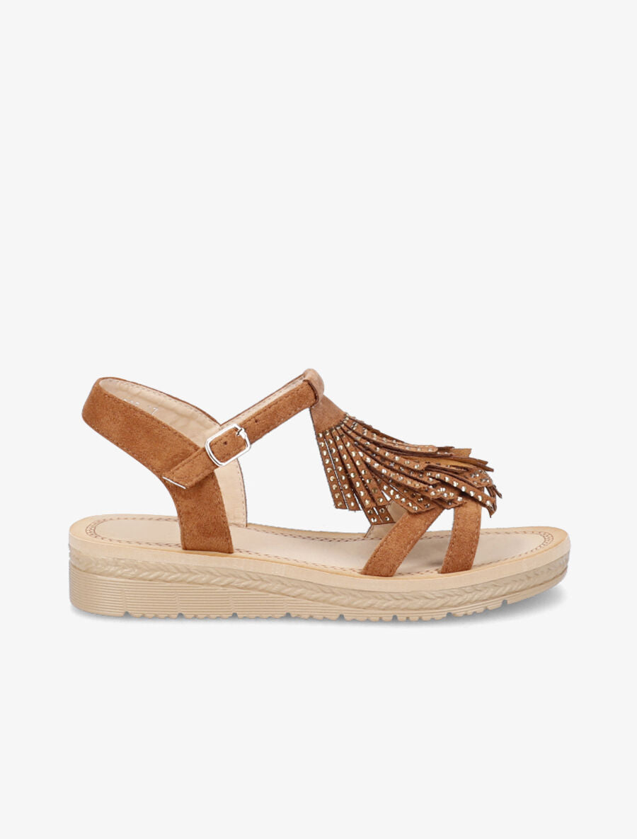 Nu-pieds en suédine à franges et strass - Camel - 5