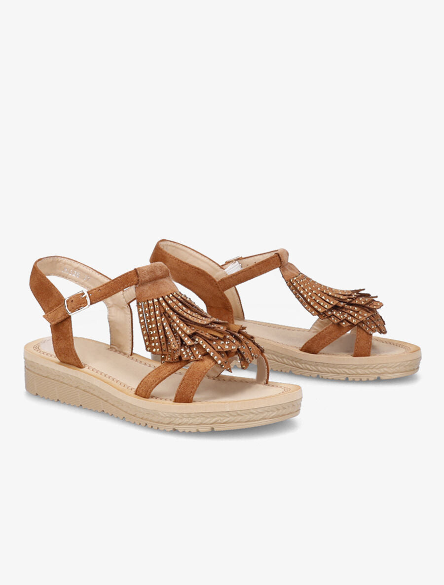 Nu-pieds en suédine à franges et strass - Camel - 4